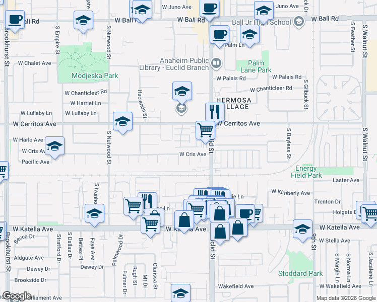 map of restaurants, bars, coffee shops, grocery stores, and more near 1737 West Cris Avenue in Anaheim
