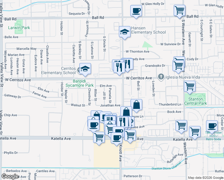 map of restaurants, bars, coffee shops, grocery stores, and more near 10602 Pamela Street in Cypress