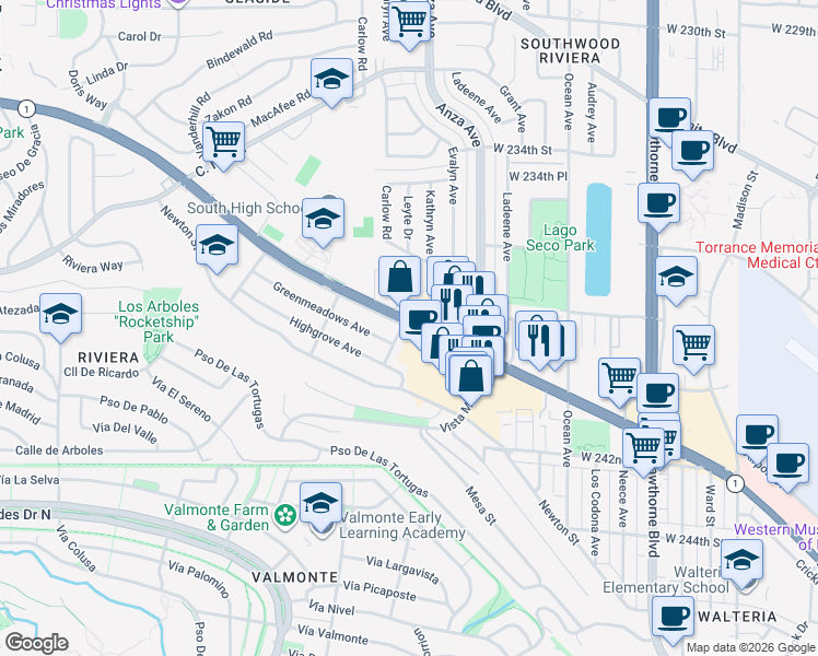 map of restaurants, bars, coffee shops, grocery stores, and more near 4350 Pacific Coast Highway in Torrance
