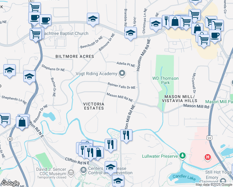 map of restaurants, bars, coffee shops, grocery stores, and more near 1608 Mason Mill Road Northeast in Atlanta