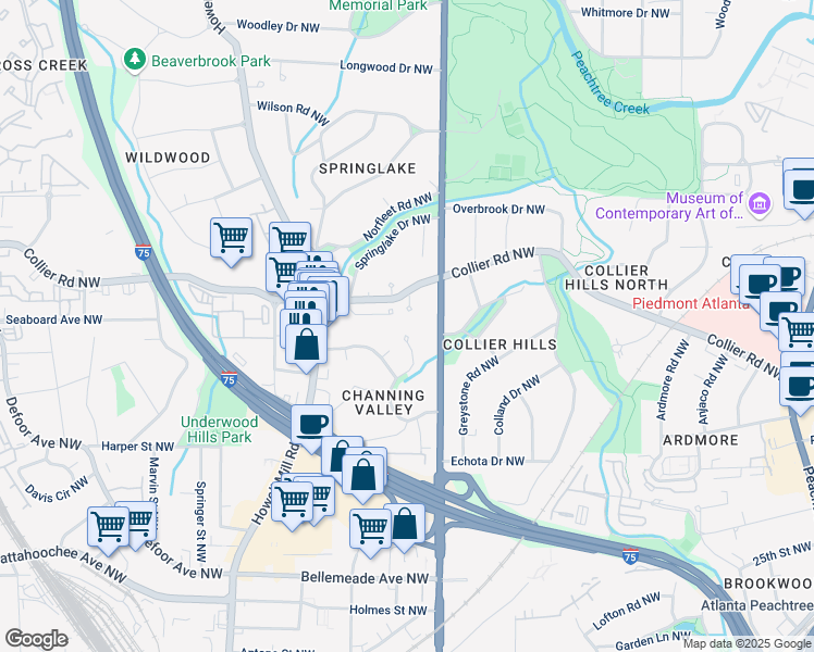map of restaurants, bars, coffee shops, grocery stores, and more near 1943 Sunbury Place Northwest in Atlanta