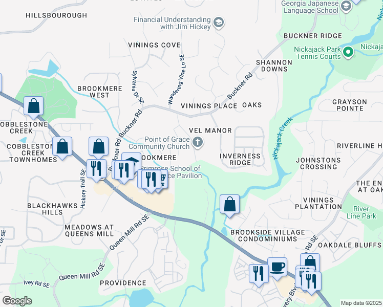 map of restaurants, bars, coffee shops, grocery stores, and more near 980 Highland Village Trail in Mableton