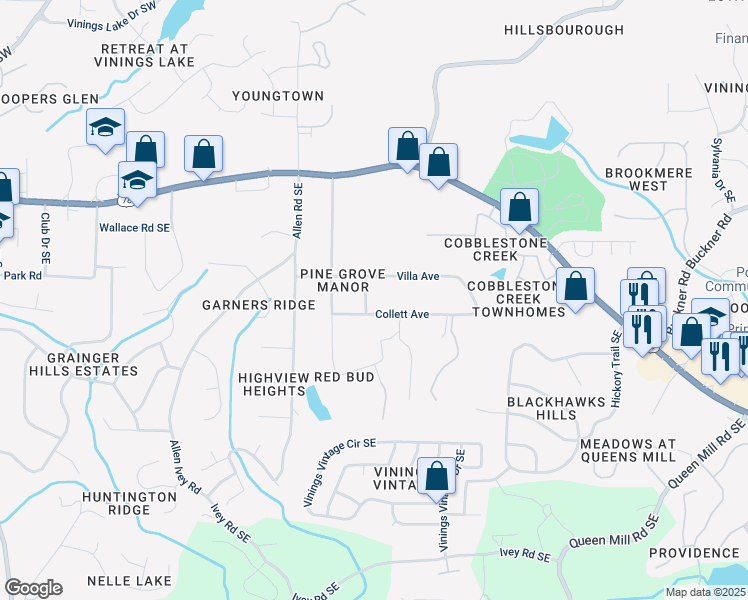 map of restaurants, bars, coffee shops, grocery stores, and more near 5966 Lullwater Drive in Mableton