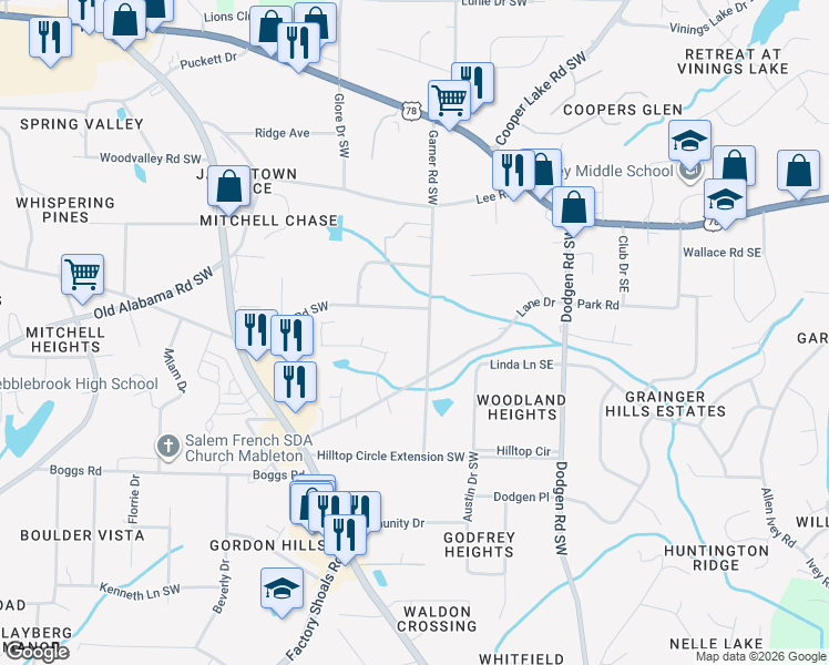 map of restaurants, bars, coffee shops, grocery stores, and more near 5960 Garner Road Southwest in Mableton