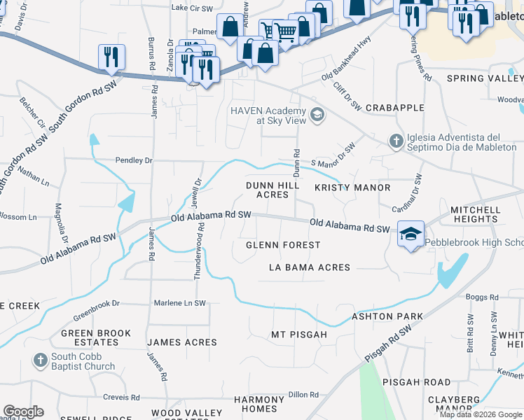 map of restaurants, bars, coffee shops, grocery stores, and more near 1263 Old Alabama Road Southwest in Mableton