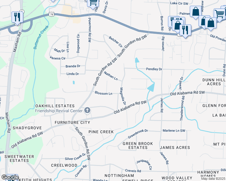 map of restaurants, bars, coffee shops, grocery stores, and more near 1744 Blossom Lane in Austell