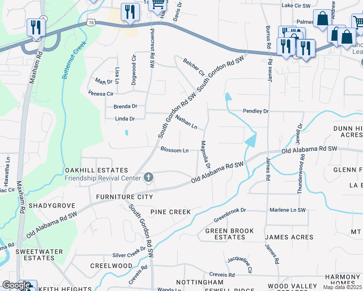 map of restaurants, bars, coffee shops, grocery stores, and more near 1766 Blossom Lane in Austell