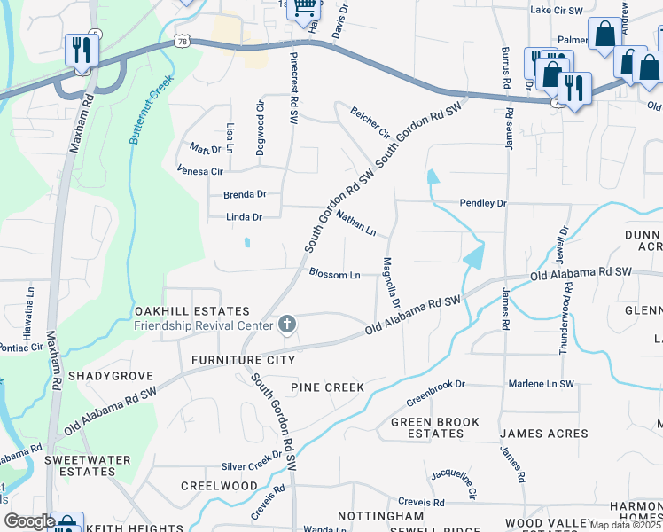 map of restaurants, bars, coffee shops, grocery stores, and more near 1794 Blossom Lane in Austell