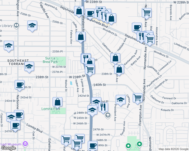 map of restaurants, bars, coffee shops, grocery stores, and more near 1586 238th Street in Los Angeles
