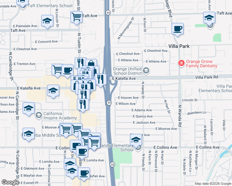 map of restaurants, bars, coffee shops, grocery stores, and more near 1239 North Jodi Street in Villa Park