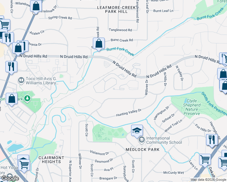 map of restaurants, bars, coffee shops, grocery stores, and more near 806 North Crossing Way in Decatur