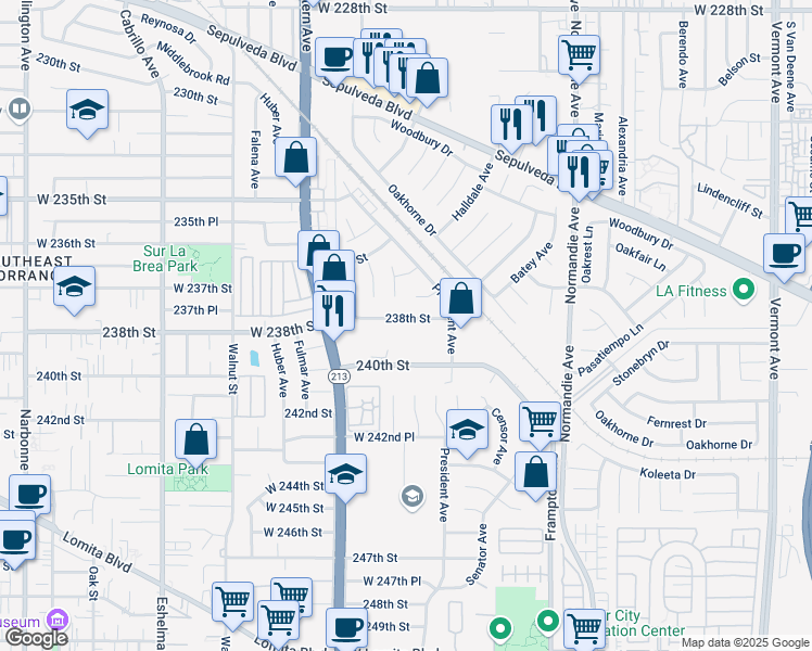 map of restaurants, bars, coffee shops, grocery stores, and more near 1540 238th Street in Los Angeles