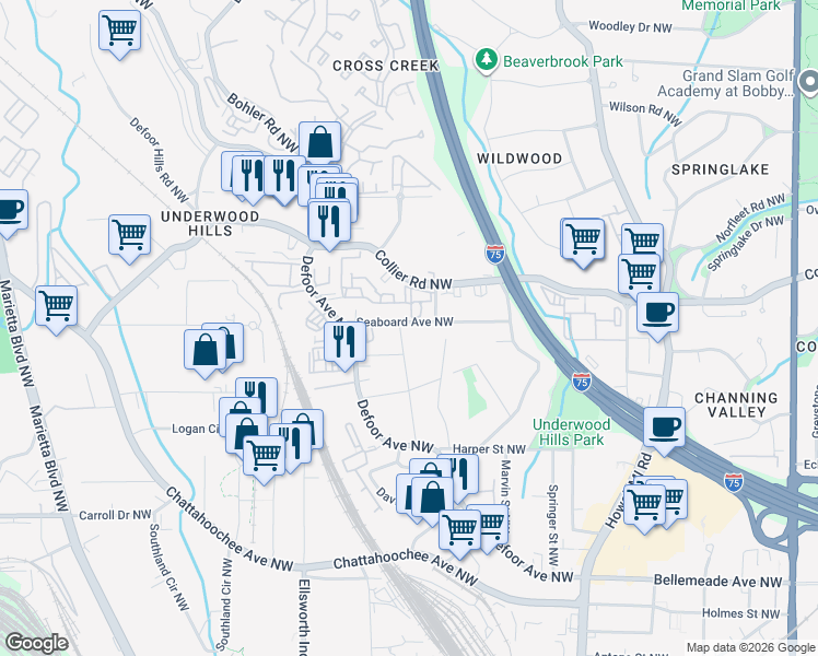 map of restaurants, bars, coffee shops, grocery stores, and more near 1072 Seaboard Avenue Northwest in Atlanta