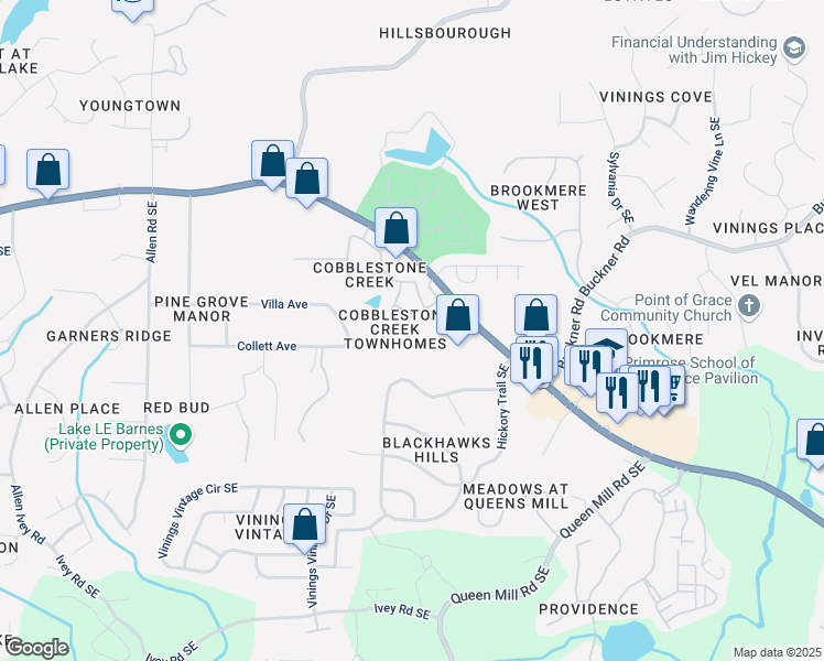map of restaurants, bars, coffee shops, grocery stores, and more near 5649 Cobblestone Creek Place in Mableton
