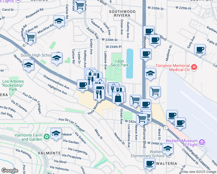 map of restaurants, bars, coffee shops, grocery stores, and more near 23910 Ladeene Avenue in Torrance