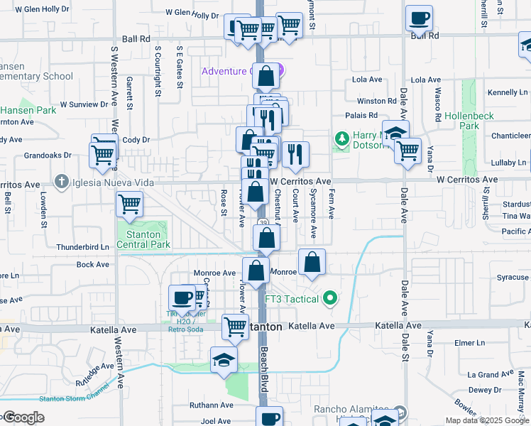map of restaurants, bars, coffee shops, grocery stores, and more near 10606 Beach Boulevard in Stanton