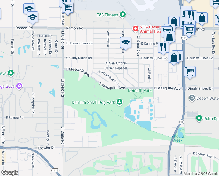 map of restaurants, bars, coffee shops, grocery stores, and more near 3901 East Mesquite Avenue in Palm Springs