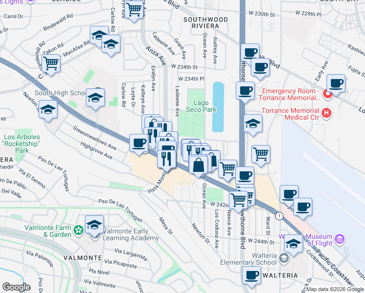 map of restaurants, bars, coffee shops, grocery stores, and more near 23910 Ladeene Avenue in Torrance