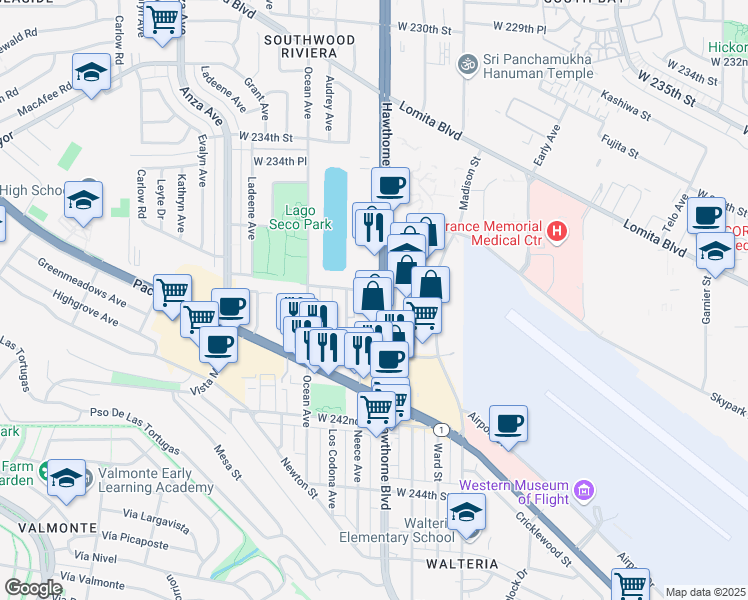 map of restaurants, bars, coffee shops, grocery stores, and more near 23805 Hawthorne Boulevard in Torrance