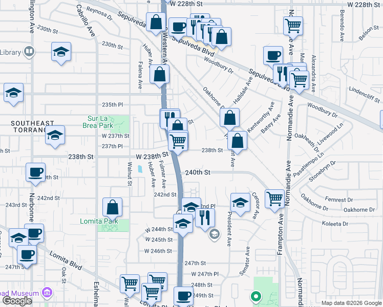 map of restaurants, bars, coffee shops, grocery stores, and more near 1580 238th Street in Los Angeles
