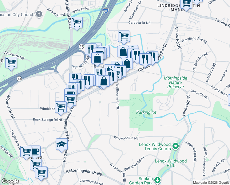 map of restaurants, bars, coffee shops, grocery stores, and more near 1978 Wellbourne Drive Northeast in Atlanta