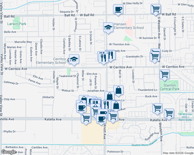map of restaurants, bars, coffee shops, grocery stores, and more near 10592 Pamela Street in Cypress