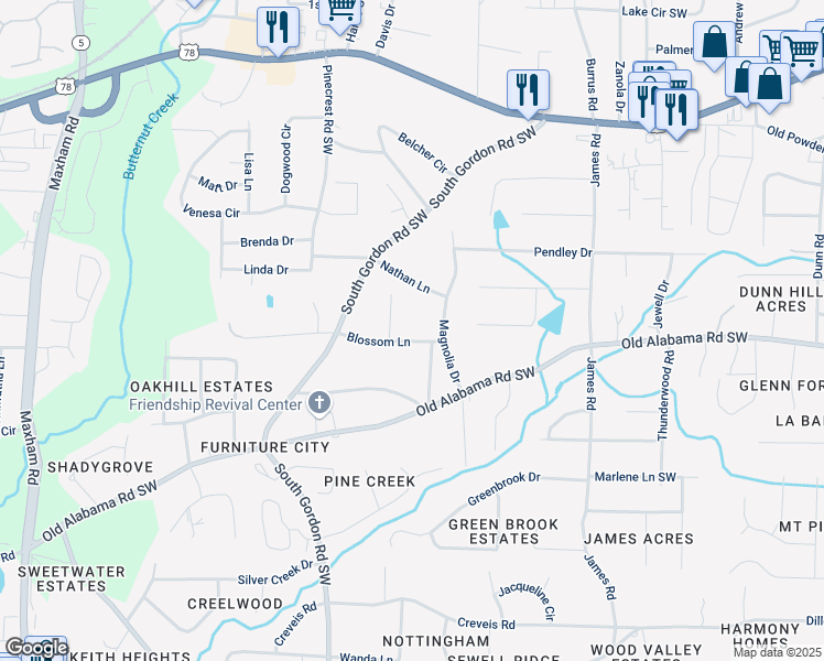 map of restaurants, bars, coffee shops, grocery stores, and more near 1744 Blossom Lane in Austell