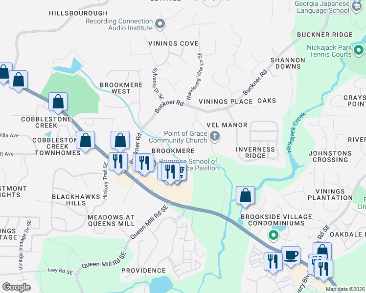 map of restaurants, bars, coffee shops, grocery stores, and more near 6118 Brookmere Place Southeast in Mableton