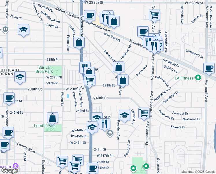 map of restaurants, bars, coffee shops, grocery stores, and more near 1540 238th Street in Los Angeles