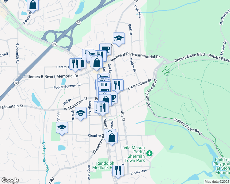 map of restaurants, bars, coffee shops, grocery stores, and more near in Stone Mountain