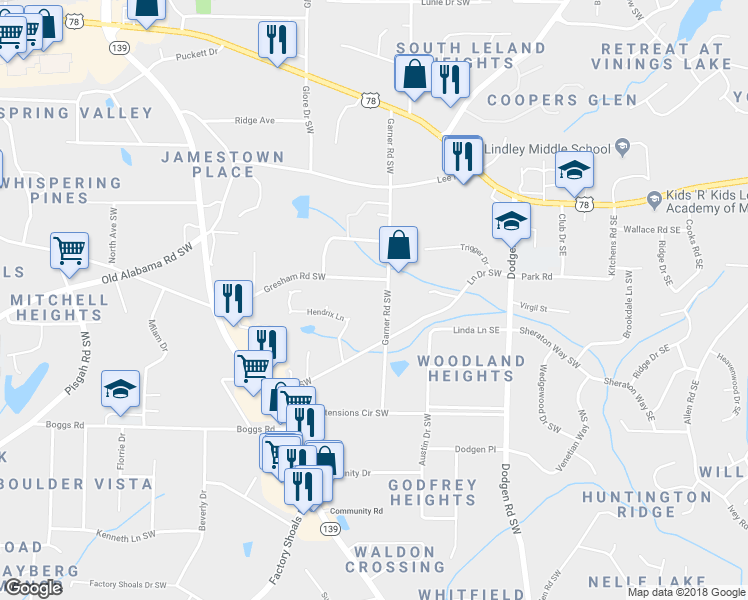 map of restaurants, bars, coffee shops, grocery stores, and more near 5960 Garner Road Southwest in Mableton
