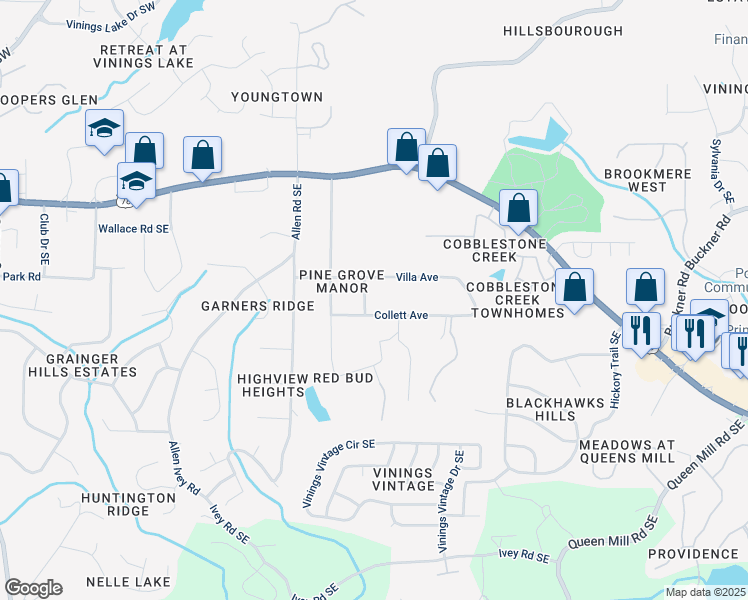 map of restaurants, bars, coffee shops, grocery stores, and more near 5966 Lullwater Drive in Mableton
