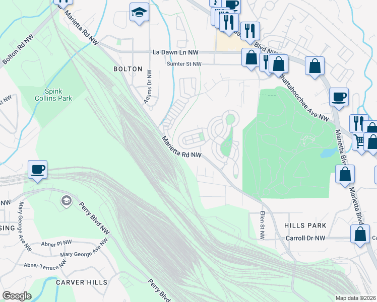 map of restaurants, bars, coffee shops, grocery stores, and more near 1341 Dupont Commons Circle Northwest in Atlanta
