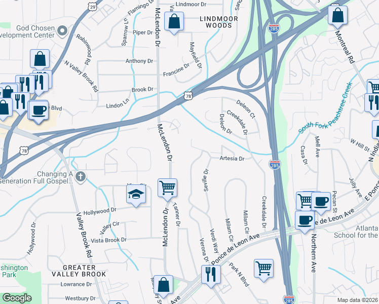 map of restaurants, bars, coffee shops, grocery stores, and more near 1072 Seville Drive in Clarkston