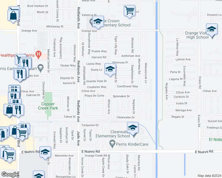 map of restaurants, bars, coffee shops, grocery stores, and more near 2019 Wilson Avenue in Perris