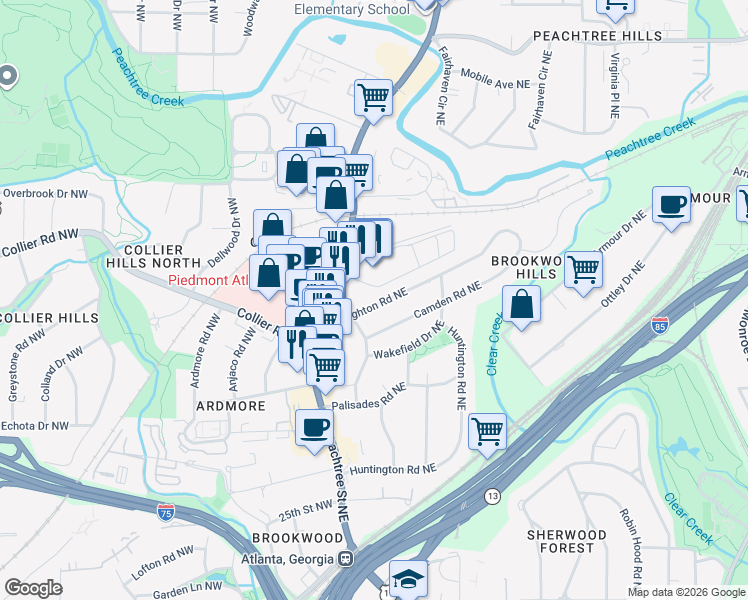 map of restaurants, bars, coffee shops, grocery stores, and more near 52 Brighton Road Northeast in Atlanta