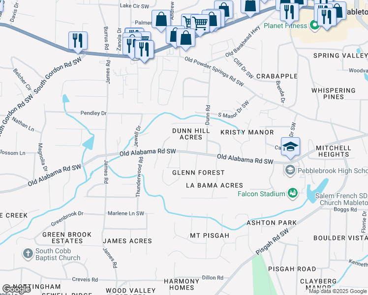 map of restaurants, bars, coffee shops, grocery stores, and more near 5967 Cedar Lane in Mableton