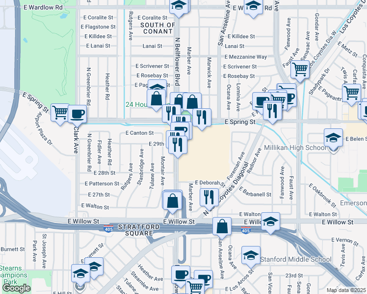map of restaurants, bars, coffee shops, grocery stores, and more near 2894 North Bellflower Boulevard in Long Beach