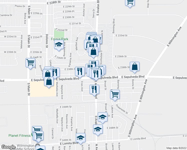 map of restaurants, bars, coffee shops, grocery stores, and more near 23825 North Avalon Boulevard in Carson