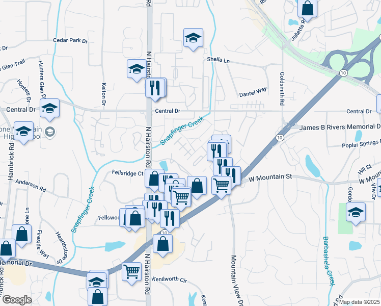 map of restaurants, bars, coffee shops, grocery stores, and more near 1021 Thorn Woode Lane in Stone Mountain