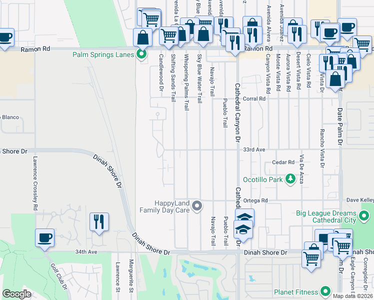 map of restaurants, bars, coffee shops, grocery stores, and more near Whispering Palms Trail & 33rd Avenue in Cathedral City