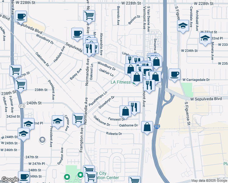 map of restaurants, bars, coffee shops, grocery stores, and more near 23811 Stonecourt Circle in West Carson