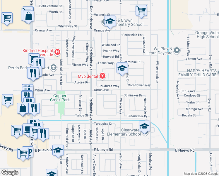 map of restaurants, bars, coffee shops, grocery stores, and more near 507 Coudures Way in Perris
