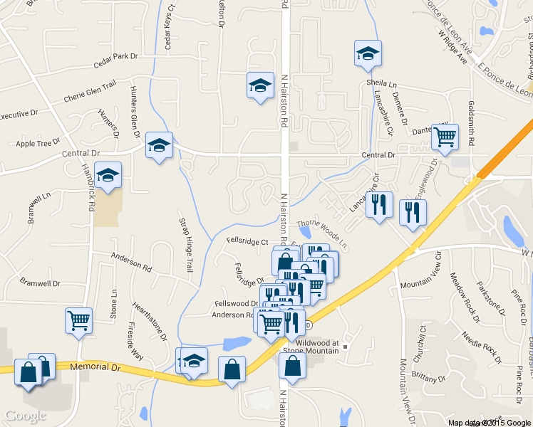 map of restaurants, bars, coffee shops, grocery stores, and more near 1018 Mariners Court in Stone Mountain