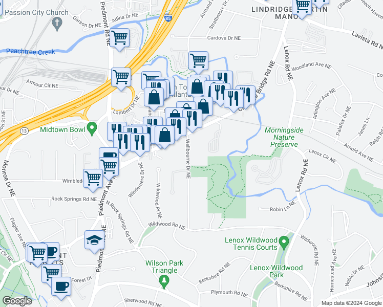 map of restaurants, bars, coffee shops, grocery stores, and more near 1975 Wellbourne Drive Northeast in Atlanta