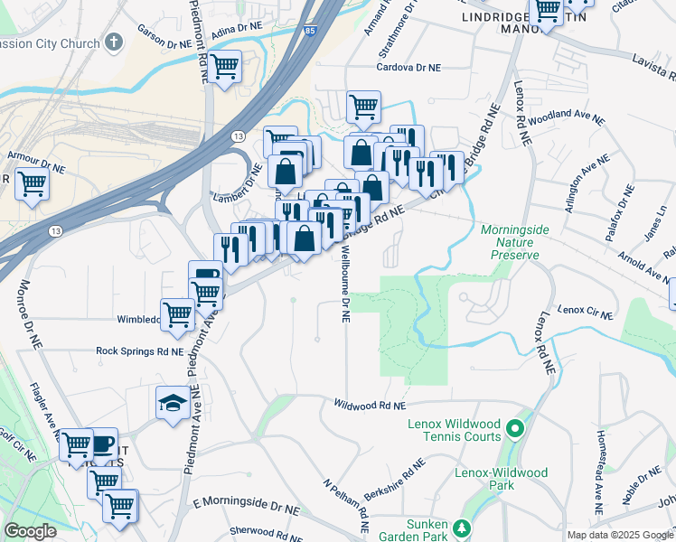 map of restaurants, bars, coffee shops, grocery stores, and more near 1969 Wellbourne Drive Northeast in Atlanta
