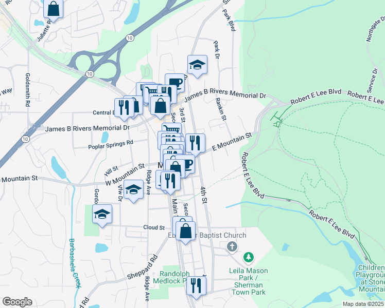 map of restaurants, bars, coffee shops, grocery stores, and more near in Stone Mountain