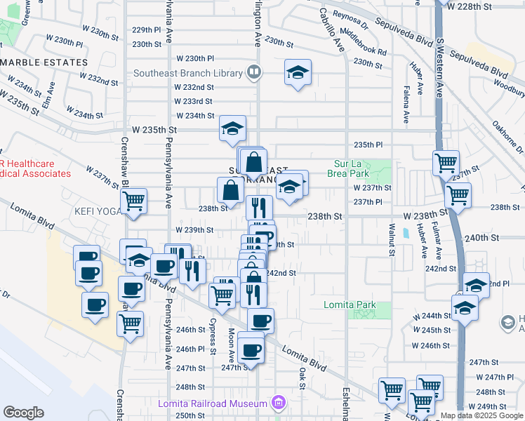 map of restaurants, bars, coffee shops, grocery stores, and more near 23740 Arlington Avenue in Torrance