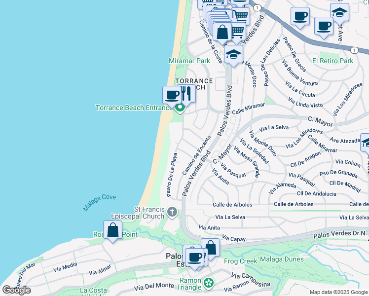 map of restaurants, bars, coffee shops, grocery stores, and more near 201 Calle De Sirenas in Redondo Beach