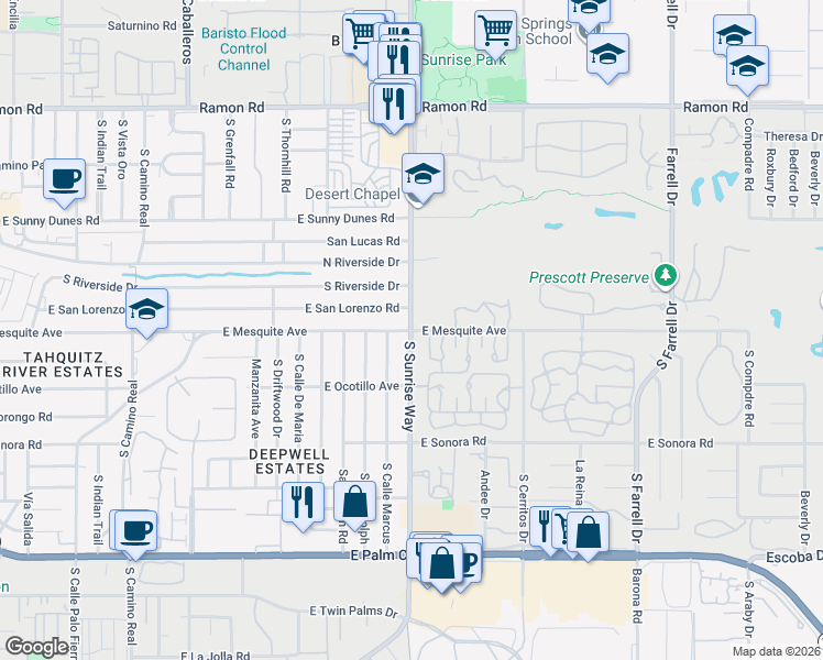 map of restaurants, bars, coffee shops, grocery stores, and more near E Mesquite Ave & S Sunrise Way in Palm Springs